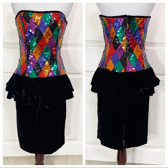 Vintage Julie Duroche for after five sequin velvet peplum dress 80s glam prom - Picture 1 of 9